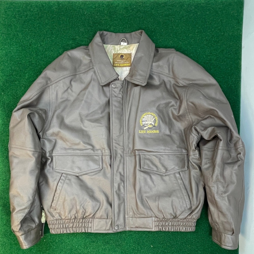 North American Hunting Club Mens Brown Leather Bomber Jacket Map Lining XL NAHC